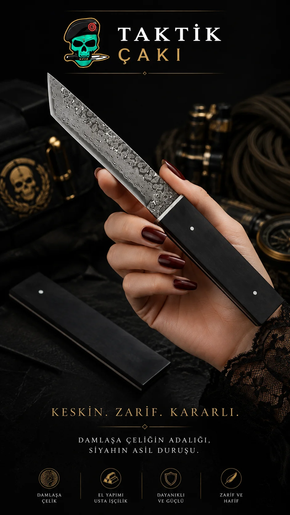 Asuka Japon Samurai Tanto Bıçağı Damascus | Şam Çeliğinden Üretilmiş Profesyonel Av Bıçağı