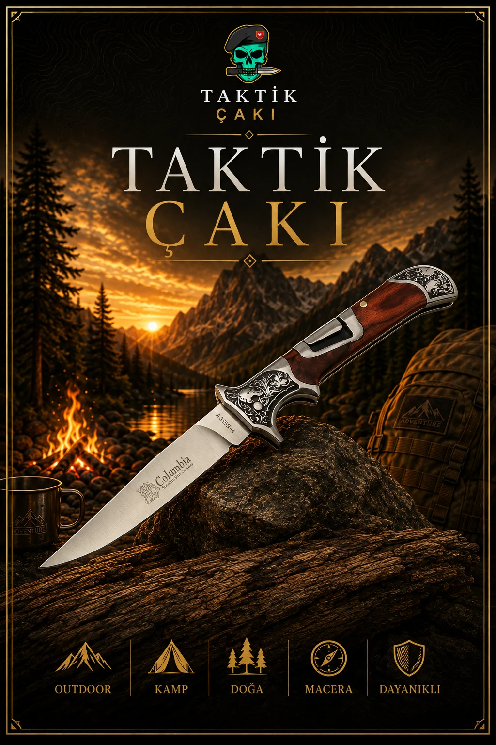 Columbia Avcı Çakısı Gül – 23 CM Professional Hunting Knife with Floral Steel - Görsel 2