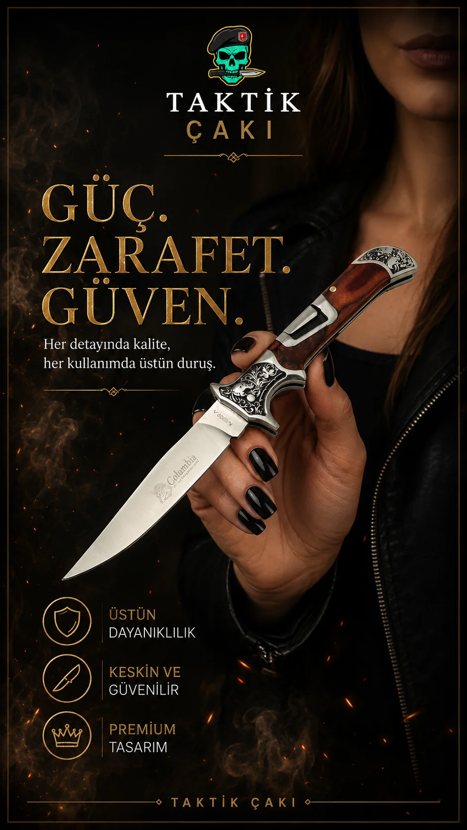 Columbia Avcı Çakısı Gül – 23 CM Professional Hunting Knife with Floral Steel - Görsel 3