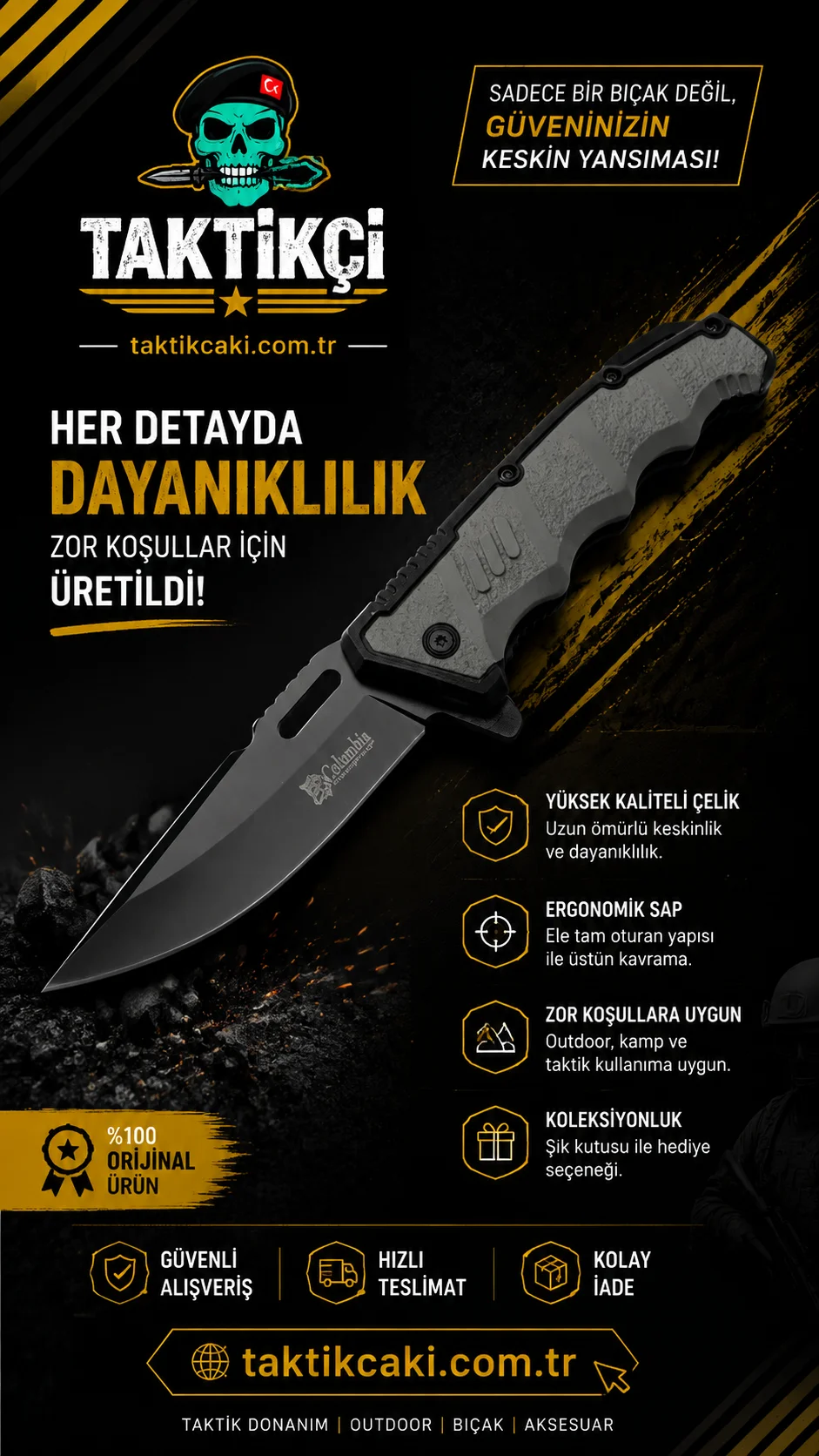 Columbia G10 Kamp Çakısı – 22 CM, Çok Fonksiyonlu Çakı, Dayanıklı Çelik Bıçak