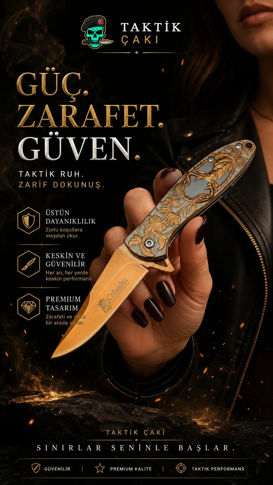 Columbia Geyikli Çakı Gold - 17.5 CM Profesyonel Çakı