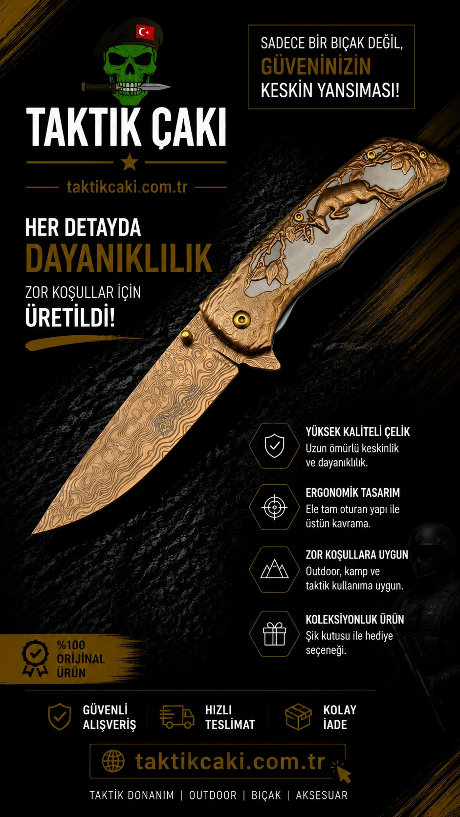 Columbia Geyikli Çakı Gold – 21 cm Multi‑Purpose Folding Knife - Görsel 2