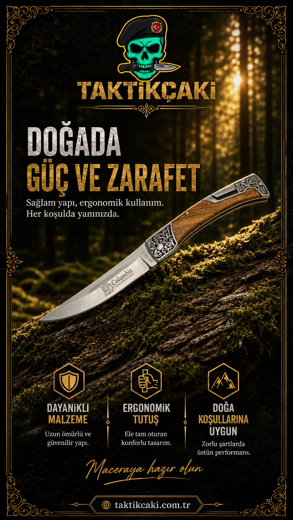 Columbia Wooden Handle Folding Knife 21 cm Steel Blade - Görsel 2