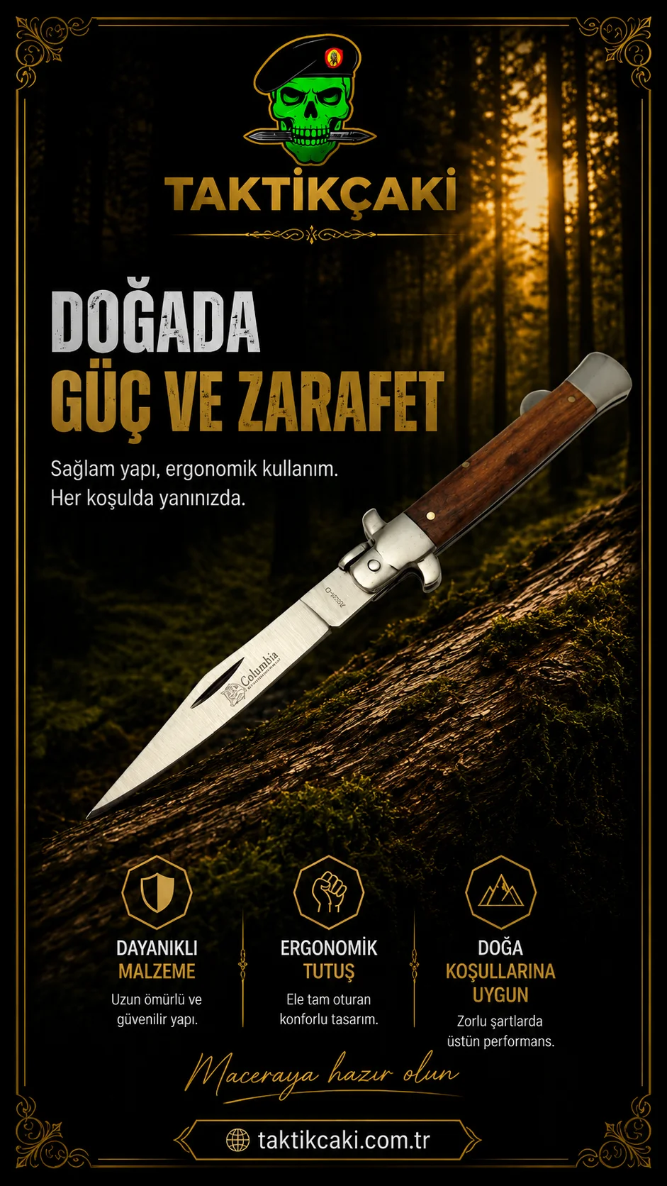Columbia İtalyan Çakı K 19.5 CM Ahşap Tasarım Çelik Bıçaklı Çakı