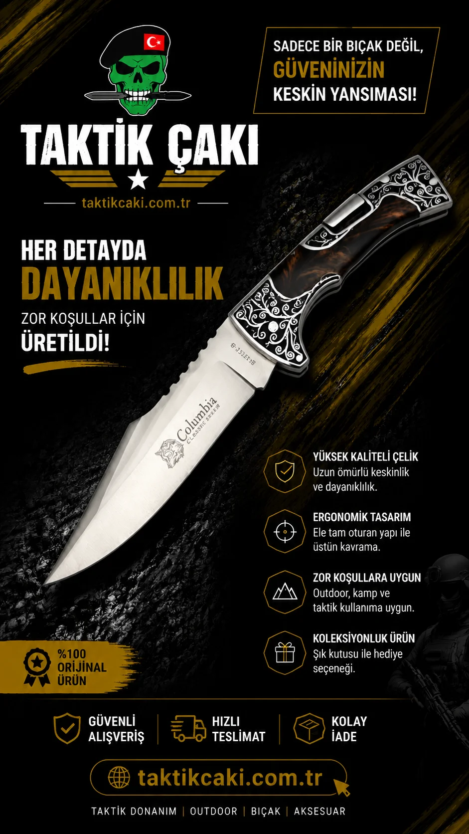 Columbia Kahve Çakı 21 CM – EMNİYET KİLİTLİ, Kemer Taşıma Klipsli Paslanmaz Çakı