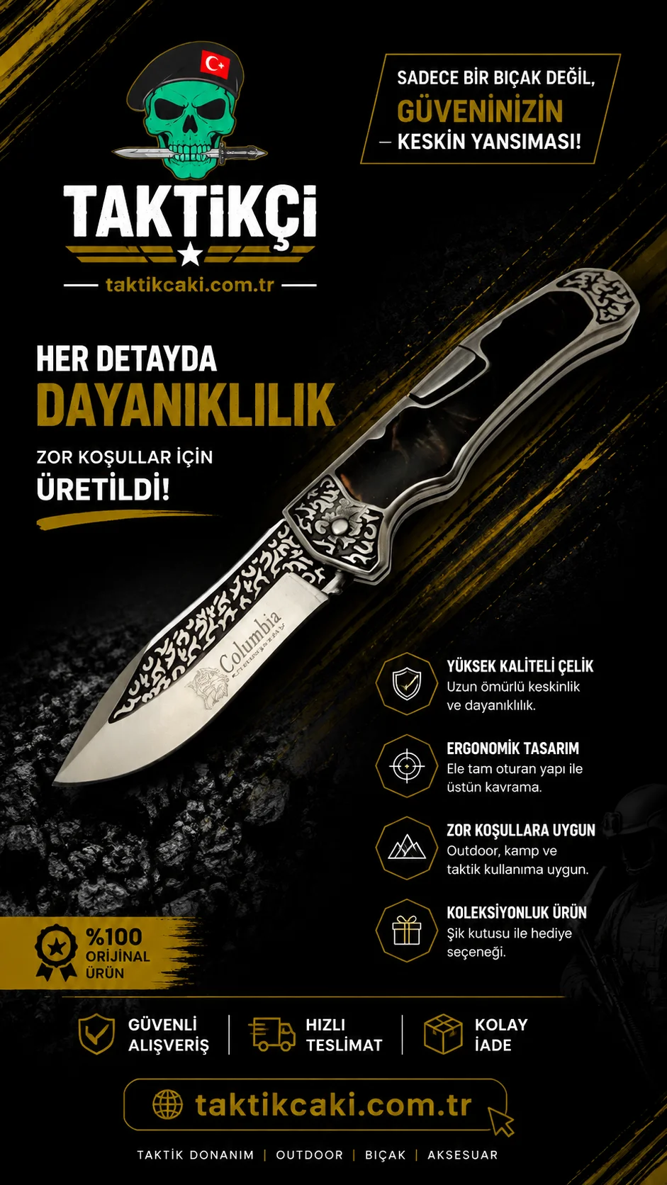 Columbia Kahve Çakı 21 CM Kompakt EDC Çakı