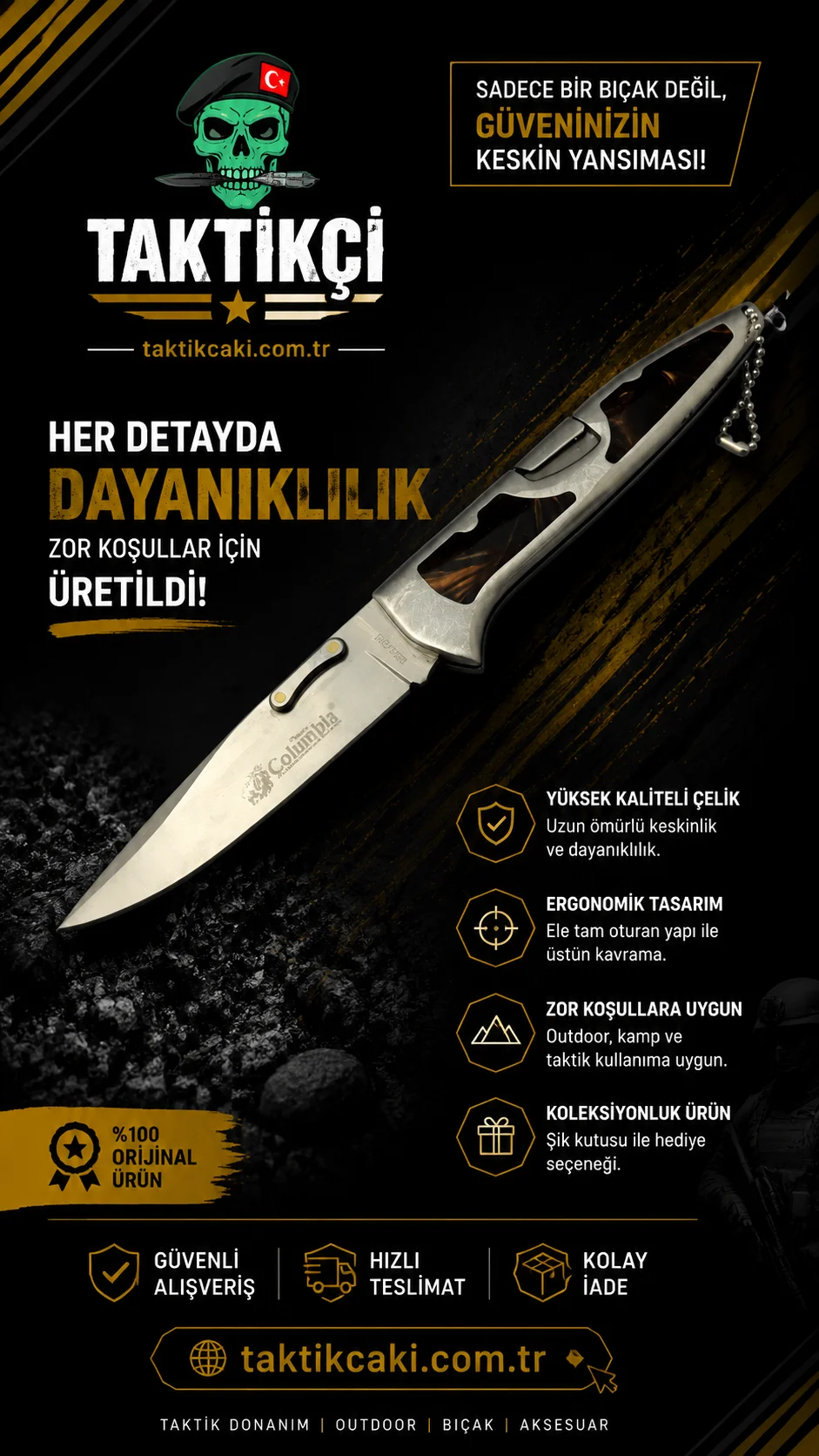 Columbia Kahve Çakı - 25.5 CM Avcı Çakı, Paslanmaz Çelik, Taşıma Klipsli