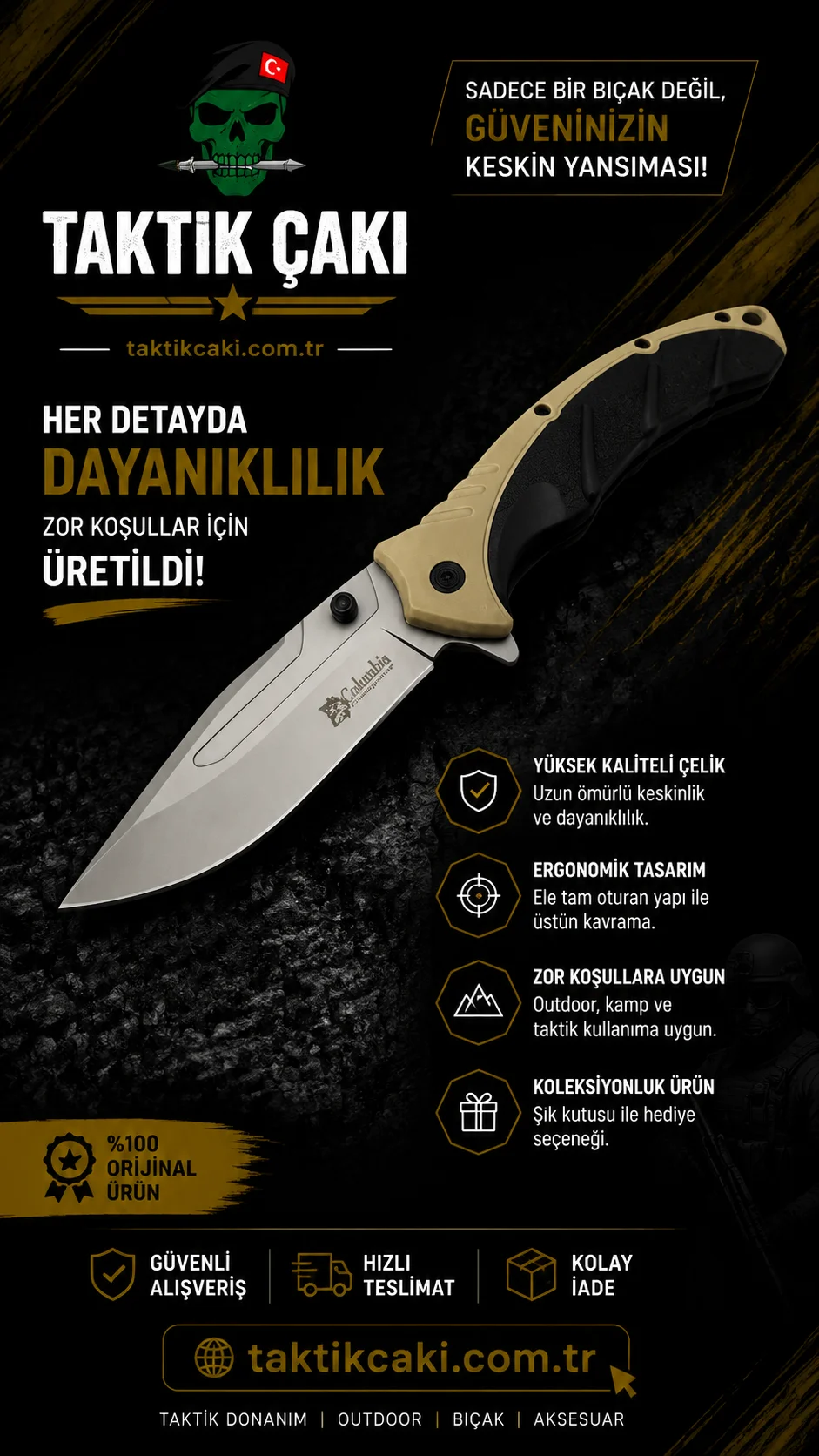 Columbia Kamp Çakısı Fenerli Brv. 21.5 CM – Çok Fonksiyonlu Çakı ve LED Fener