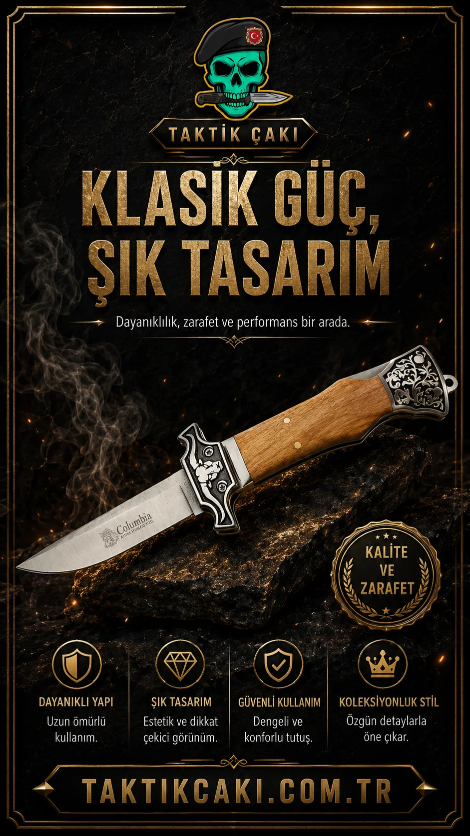 Columbia Öküzbaş Ahşap Çakı - 22 CM - Dayanıklı Çelik ve Ergonomik Tasarım