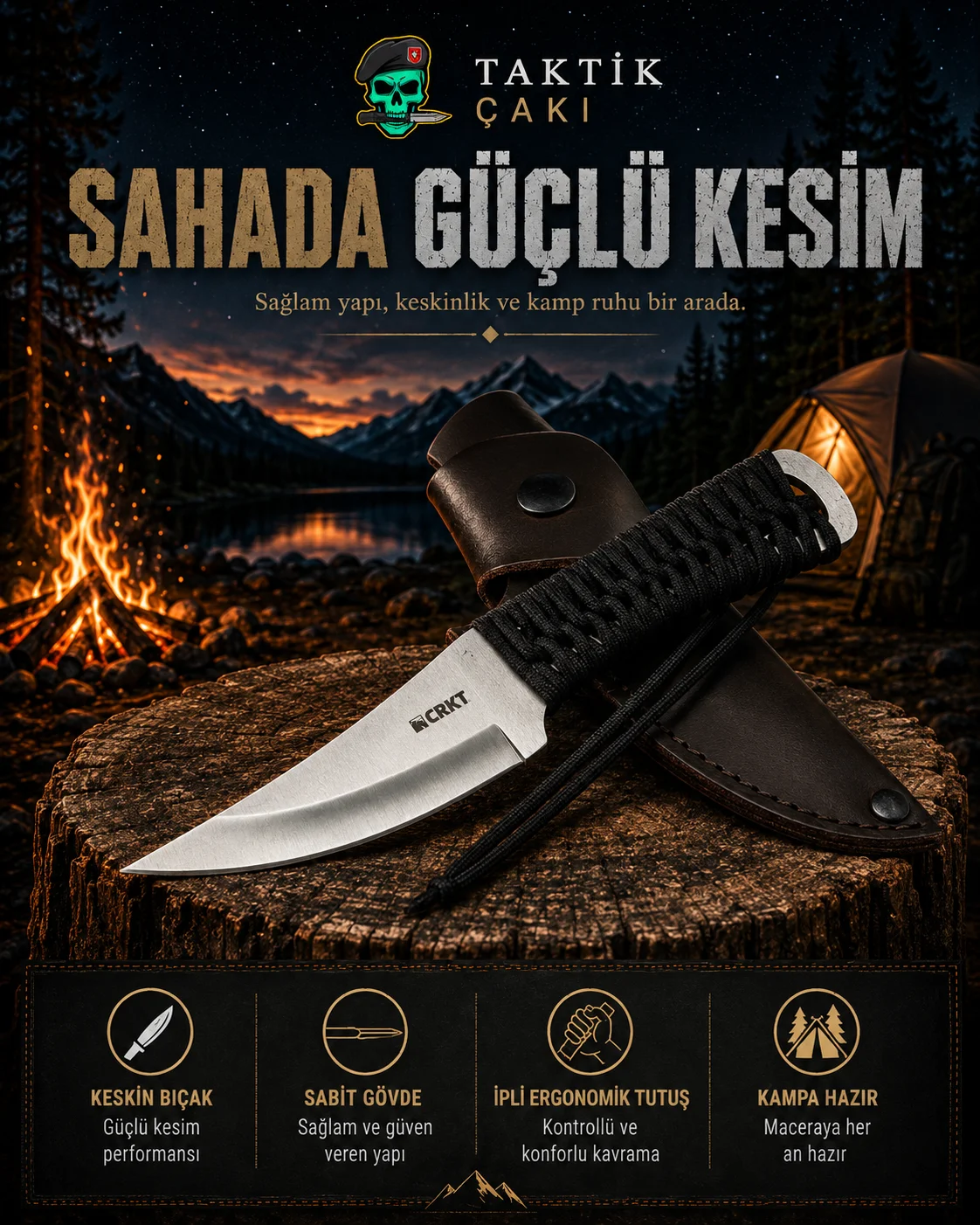 Crkt Scrub Fixed Bıçak – 22.5 cm Deri Kılıflı Çakı