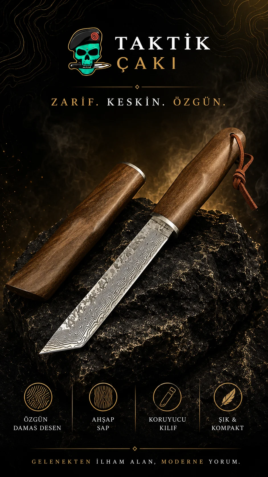 Damascus Tanto Profesyonel Av Bıçağı - 22 CM - Görsel 2