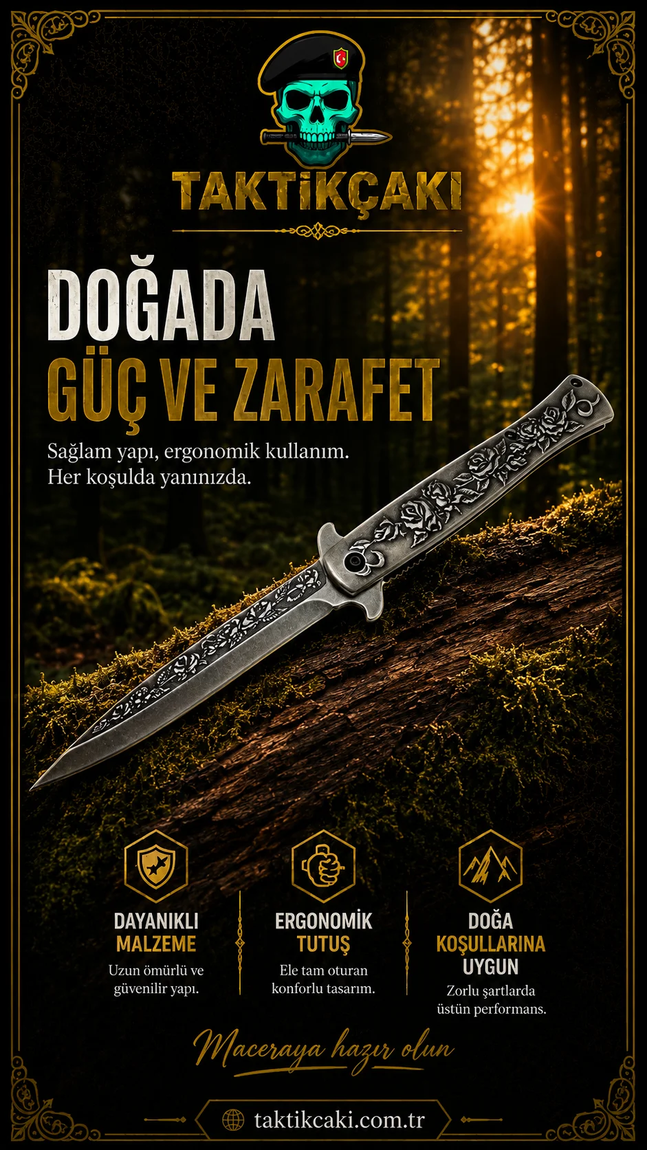 Güllü Çakı Eskitme 23 CM – Çok Yönlü Çakı