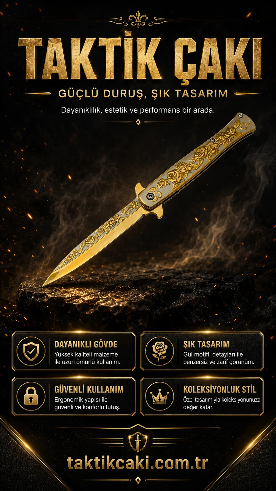 Metal Güllü Çakı Gold – 22,5 cm Profesyonel Çakı