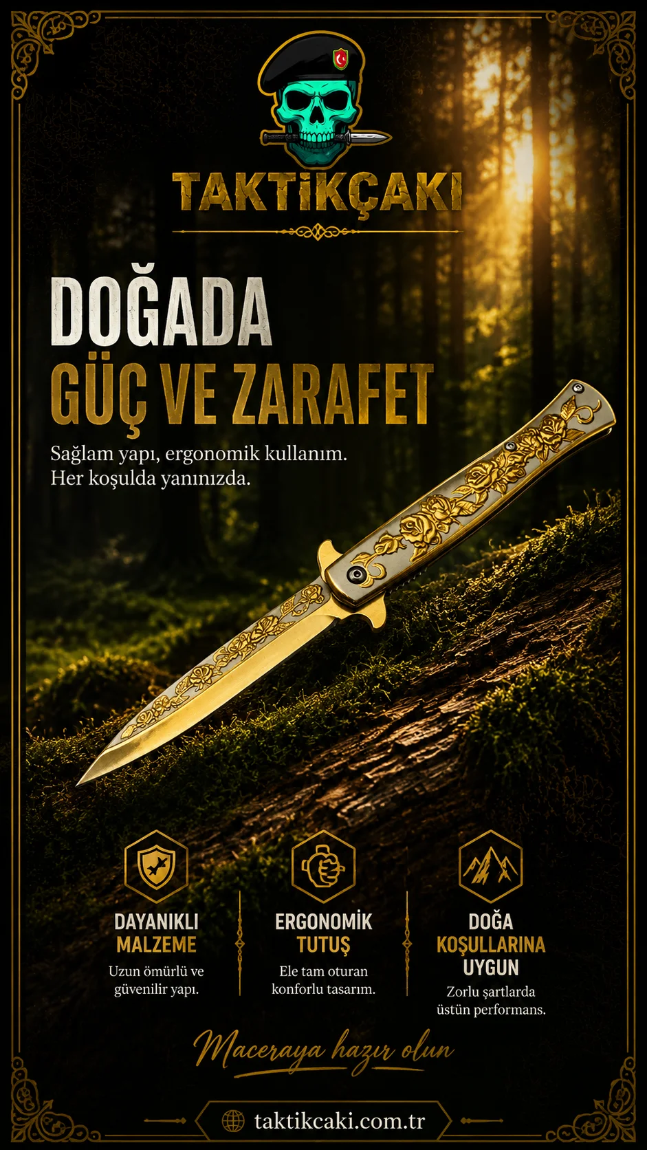 Metal Güllü Çakı Gold – 22,5 cm Profesyonel Çakı - Görsel 2
